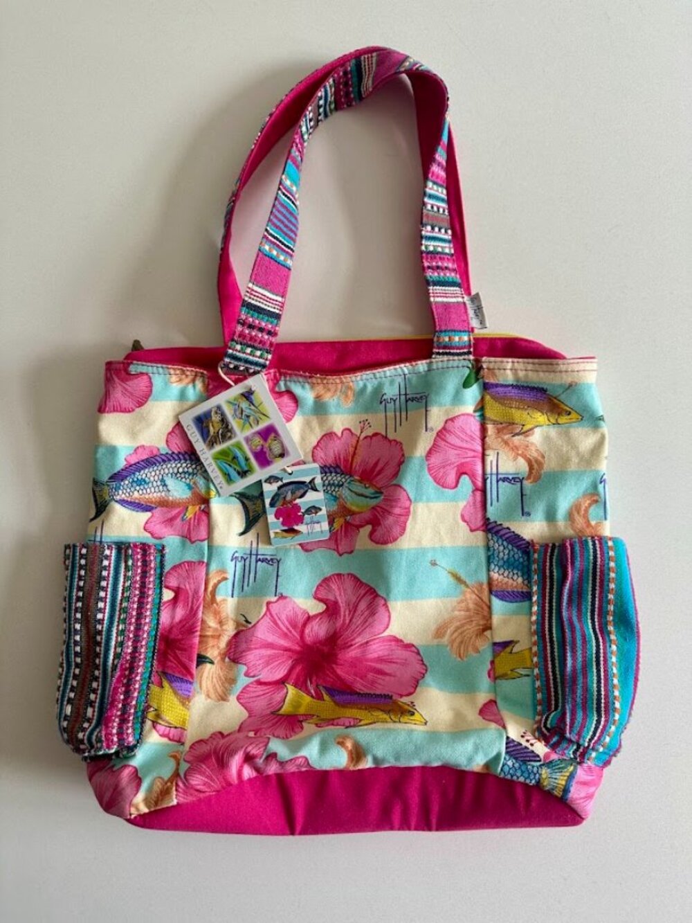 Guy Harvey Tropical Floral Hibiscus Vacation Canvas Tote Bag - New with Tags